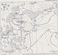 a vintage style map of an ice cap, and the surroudning lakes and topography. map is monochrome, with lots of hatching and stippled patterns