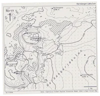 a vintage style map of an ice cap, and the surroudning lakes and topography. map is monochrome, with lots of hatching and stippled patterns