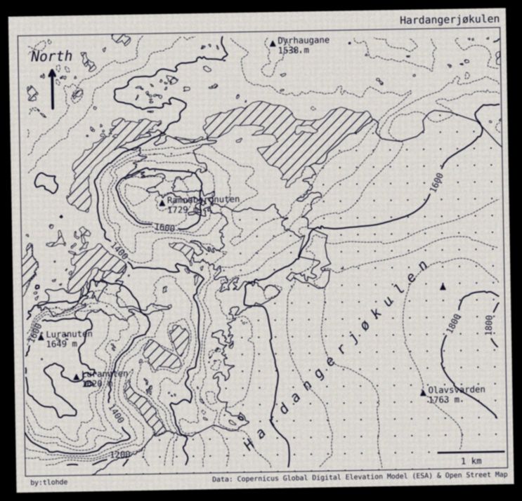 a vintage style map of an ice cap, and the surroudning lakes and topography. map is monochrome, with lots of hatching and stippled patterns