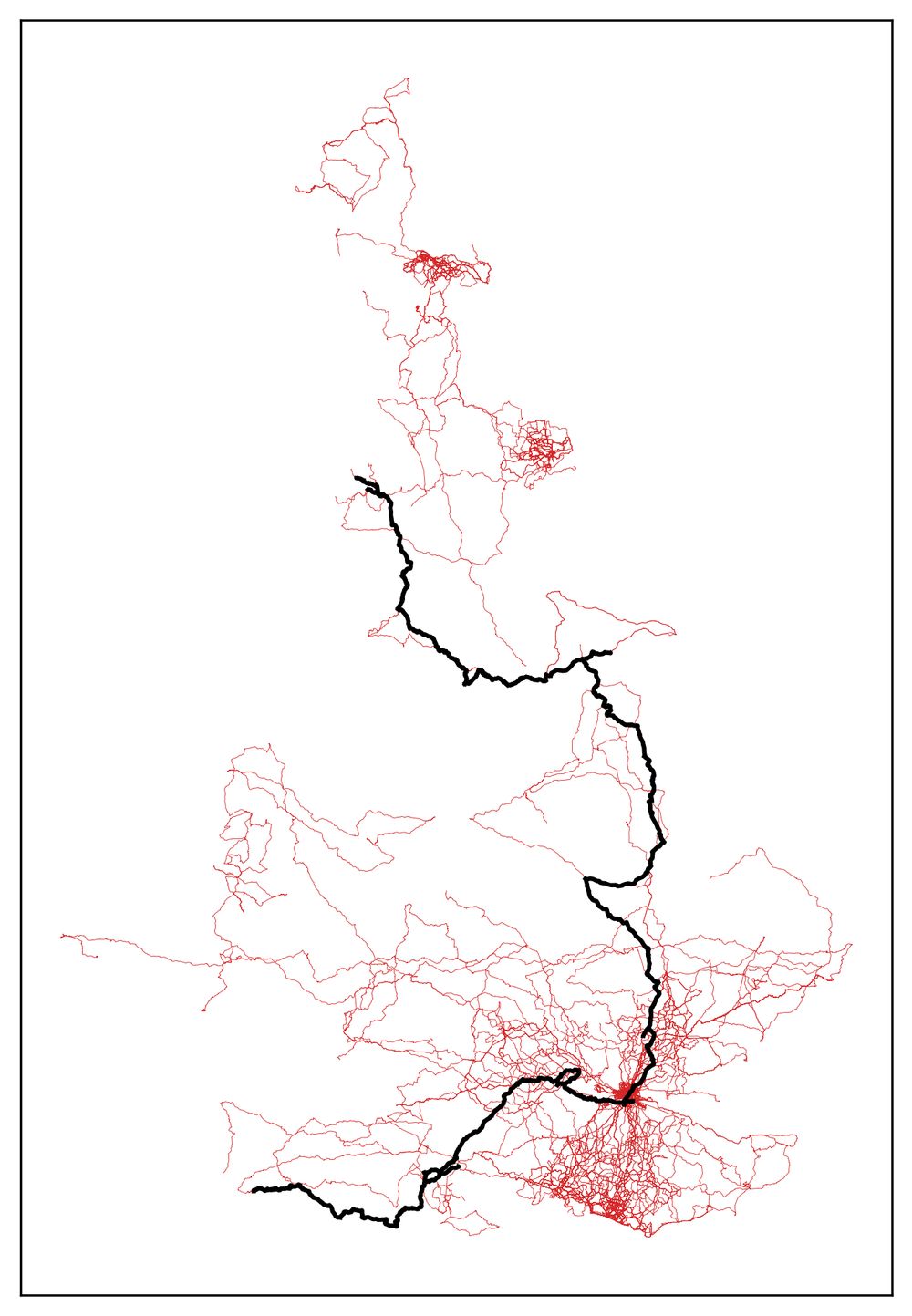 map of UK, with a dense network of red paths traced across it. highlighted is a black line that traveses the mess of paths from the south coast to the northwest coast