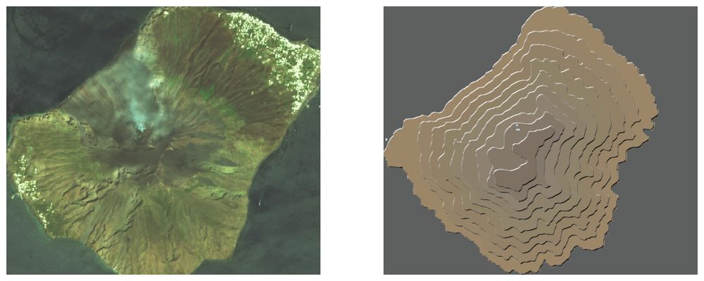 on the left, a true colour satellite image of stromboli, on the right a filled contour map of stromboli, where the fills are all a bit brown