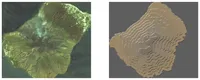 on the left, a true colour satellite image of stromboli, on the right a filled contour map of stromboli, where the fills are all a bit brown