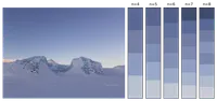photo of an iceberg in a frozen lake. both lake and iceberg have snow cover. the sky is clear blue. to the right are 5 colour colormaps using with 4 - 8 representative colours from the image