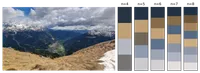 view from a steep sided mountain looking down towards a valley. there is a small town in the valley. to the right are 5 colour colormaps using with 4 - 8 representative colours from the image