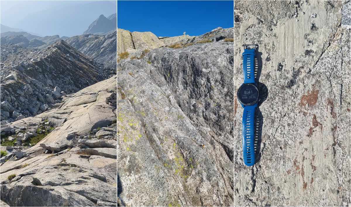 3 images. Left: a bouldery rubbly mountain landscape. middle: the rocky ground. The rock has a salt and pepper appearance. with some light patches of green lichen. The rocks has some natural carvings and grooves. right: close up of a granitic, tonalite rock. with a wristwatch for scale. the minerals appear smudged in places