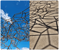 a mosaic of two images; on the left a view looking up at a blue sky, with fragments of a few fluffly clouds, through Antony Gormley's Firmament sculpture which is comprised of steel elements joined in a complex lattice. The sky is very blue. The second image is the shadow cast by the sculpture