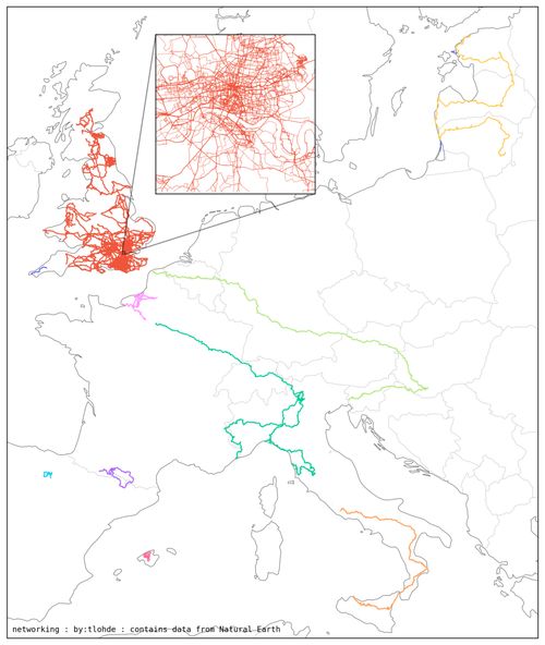 map of europe, with different coloured clusters of paths traced. The UK is largely covered, and there are a few longer lines in mainland europe