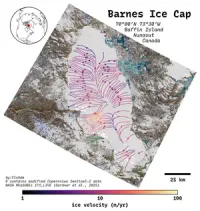A map titled: Barnes Ice Cap, Baffin Island, Nunavut, Canada. The map is comprised of a Sentinel-2 RGB image satellite image showing the ice cap which is up to 60 km across and in excess of 100 km long. Surrounding the ice cap are mountains, some with snow covered peaks, others rocky, along with many bright blue lakes. Overlaid on top of the ice cap are flow lines indicating the direction of ice flow, and colored according to the speed of flow. The lines clearly show the ice divide in the middle of the ice cap. The color of the flow lines is on a logarithmic scale from 0 to 100 m/yr, as shown in the color-bar beneath the main plot. In the upper left is an inset showing where Baffin Island's position to the west of Greenland, and above the north eastern limit of North America. Image credits in the bottom left read: 'by:tlohde / (C) contains modified Copernicus Sentinel-2 data / NASA MEaSURE's ITS_LIVE (Gardner et al., 2025)'