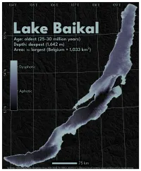 A dark map of Lake Baikal. Titled: 'Lake Baikal' with subtitle: 'Age: oldest (25-30 million years) Depth: deepest (1,642 m) Area: 7th largest (Belgium + 1,033 km2)'. The bathymetry is coloured from dark black at the deepest through a purple-y gray to gray for the shallow regions. A colorbar has the 'dysphotic' and 'aphotic' zones roughly labelled. It spans latitude 52-56 N and longitudes 104-110 E. (approx). A dark, mostly black, subtle hillshade is applied to the surrounding landscape. The lake cuts a roughly diagonal line from the bottom left of the frame to the top right, and it is very narrow compared to its length. Credits at the bottom read: 'by:tlohde / GEBCO Bathymetric Compilation Group 2025 (2025): The GEBCO_2025 Grid - a continuous terrain model for oceans and land at 15 arc-second intervals'