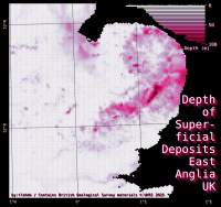A map of East Anglia, UK. No features have been drawn on the map, however the land is coloured from white to pink to dark pink depending on the depth of superficial deposits. The majority of the region is white, however there are some bands of pink and a few patches of dark pink, neart the Suffolk/Norfolk border. In the top right is a histogram showing the distribution of depths. The frequency is shown on a log-scale, indicating most areas have no deposits, but some have up to 100 m. The title runs downt the right side of the plot and reads: 'Depth of Superficial Deposits East Anglia UK' and is written in white with a large drop shadow in dark pink. The north sea / background is black, which makes the whole image quite high contrast. Credits along the bottom read: 'by:tlohde / ‘Contains British Geological Survey materials © UKRI 2025'