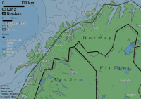 A map of northern Sweden, Finland and Norway. The coastline and border between the three countries has been drawn multiple times and different scales. The 1:110 million scale is much more angular than the 1:10 million scale. Bathymetry is shown off-shore. Lakes and rivers are also plotted along with a few settlements. The typeface of the labels and corresponding legend items mirrors the scale of the data plotted, with a more pixelated font used for the 1:110 million scale data, and a more refined version of the typeface used for the 1:10 million scale data.
