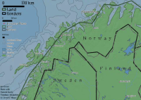 A map of northern Sweden, Finland and Norway. The coastline and border between the three countries has been drawn multiple times and different scales. The 1:110 million scale is much more angular than the 1:10 million scale. Bathymetry is shown off-shore. Lakes and rivers are also plotted along with a few settlements. The typeface of the labels and corresponding legend items mirrors the scale of the data plotted, with a more pixelated font used for the 1:110 million scale data, and a more refined version of the typeface used for the 1:10 million scale data.