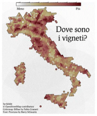 A hexbin map showing density of vineyards across Italy. Map is titled 'Dove sono i vigneti?' The color scale goes from white through warm orange to dark red, with tick marks indicating that it is on a log scale. It is labelled Meno (less) and Piu (more). Credits in the bottom left read: 'by:tlohde / © OpenStreetMap contributors / Colormap: Bilbao by Fabio Crameri / Font: Prociono by Barry Schwartz'.