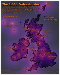 Map of the British Isles showing the location of extinct volcanoes (unfilled black circle markers). and bedrock fault lines (orange lines). The coastline is shown in thick black, with a slight dropshadow. The map is coloured in such that the volcanoes are a bright orange/yellow, and the colour moves to a darker purple with distance from a volcano. The same colourscheme is applied at sea, however with reduced opacity. The title text reads: 'The ~~British~~ Volcanic Isles' with subheading: 'Volcanic activity across the British Isles peaked during the Paleozoic (539 to 252 Ma*), with the last significant eruptions occuring during the Paleogene (66 to 43 Ma).  *million years ago'. A few key volcanoes are highlighted: Anton Dohrn Seamount (70-41 Ma); Erlend (58 Ma); Rum (60 Ma); Ben Nevis (299 Ma); Dundee Law (415 Ma); Arthur's Seat (299 Ma); Loch Na Fooey (490 Ma); Mynydd y Dref (450 Ma); Bardon Hill (570 Ma); Warboys (300 Ma); Gurnard's Head (400 Ma)
