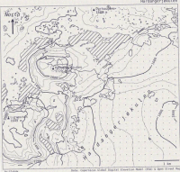 map of north western Hardangerjøkulen, Norway. The map is in black and white, and has been made to look like it was photocopied.
