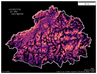 A map of the Cairngorms national park. Black background with white national park border. Within the national park the terrain is represented by colors ranging from black through dark purples to bright orange. Brighter colours represent regions that are 'more visible' than darker regions, as these areas can be seen from more summits. The resulting sum of viewsheds bears strong resemblance to the underlying topography.