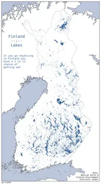 A map of all the lakes in Finland, with the caption: if you go skydiving in Finland you have a 1 in 12 chance of getting wet