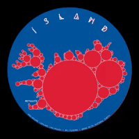 Graphic representation of Iceland. The frame is circular, with a blue background. Iceland is depicted as a series of circles of decreasing size, tightly packed together. The circles are red. The title is ÍSLAND and the capital, Reykjavík, is also labelled. Credits at the bottom read: Encircled Iceland Incircles / by-tlohde / made with Natural Earth