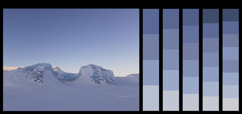 photo of an iceberg in a frozen lake. both lake and iceberg have snow cover. the sky is clear blue. to the right are 5 colour colormaps using with 4 - 8 representative colours from the image