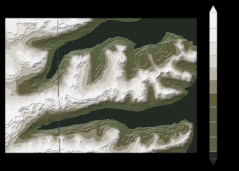 filled contours of an icelandic fjord, the colours mimic what would be seen from space