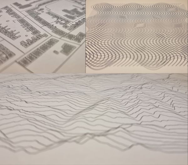 collage of three soft-focus images. top left, a map, showing buildings drawn with hatches; top right a wavy moire pattern; bottom a ridge plot