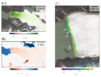 Three subplots, the two on the left cover the same extent, and the one on the right shows a smaller area contained within. The top left shows change in ice veloicty (green=faster, pink=slower). There is no pink, and the intensity of green increases towards the glacier. In the lower left the rate of surface elevation change is shown where red=thinning, blue=thickening; much of the glacier has thinned with the greatest thinning near the terminus. Two water bodies indicate some increases in elevation, however dh/dt values over water are not to be trusted. On the right, a close up satellite image of a glacier terminus with multiple terminus traces shown for a 6 year 2014-2020 period. Some terminus retreat is visible at the northern end of the glacier, near some grounded icebergs