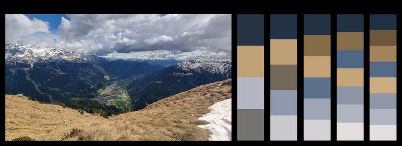 view from a steep sided mountain looking down towards a valley. there is a small town in the valley. to the right are 5 colour colormaps using with 4 - 8 representative colours from the image