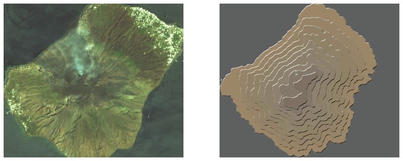 on the left, a true colour satellite image of stromboli, on the right a filled contour map of stromboli, where the fills are all a bit brown