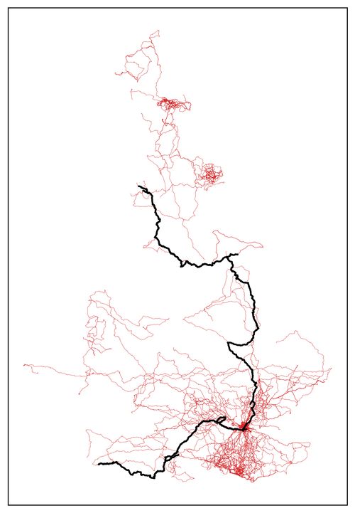 map of UK, with a dense network of red paths traced across it. highlighted is a black line that traveses the mess of paths from the south coast to the northwest coast